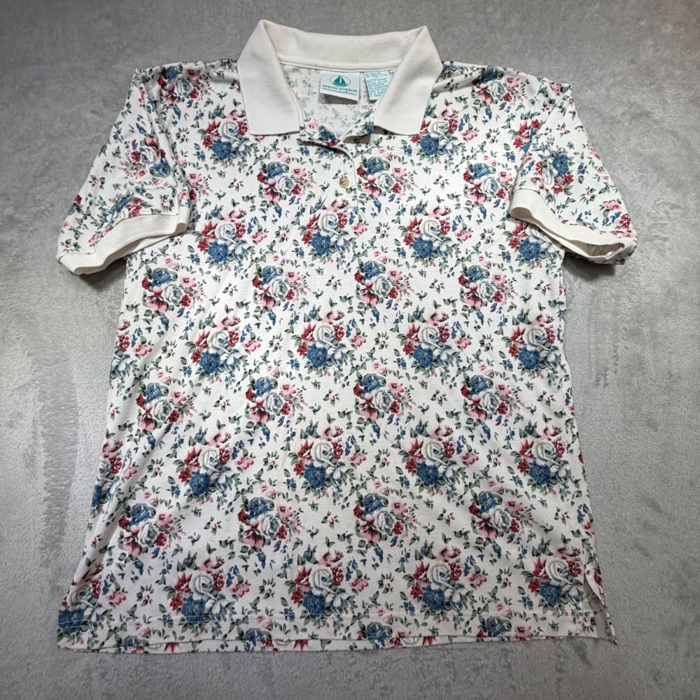 Vintage Spring Harbor‎ Floral Polo Shirt XL White Cotton Blend 90s Cottagecore